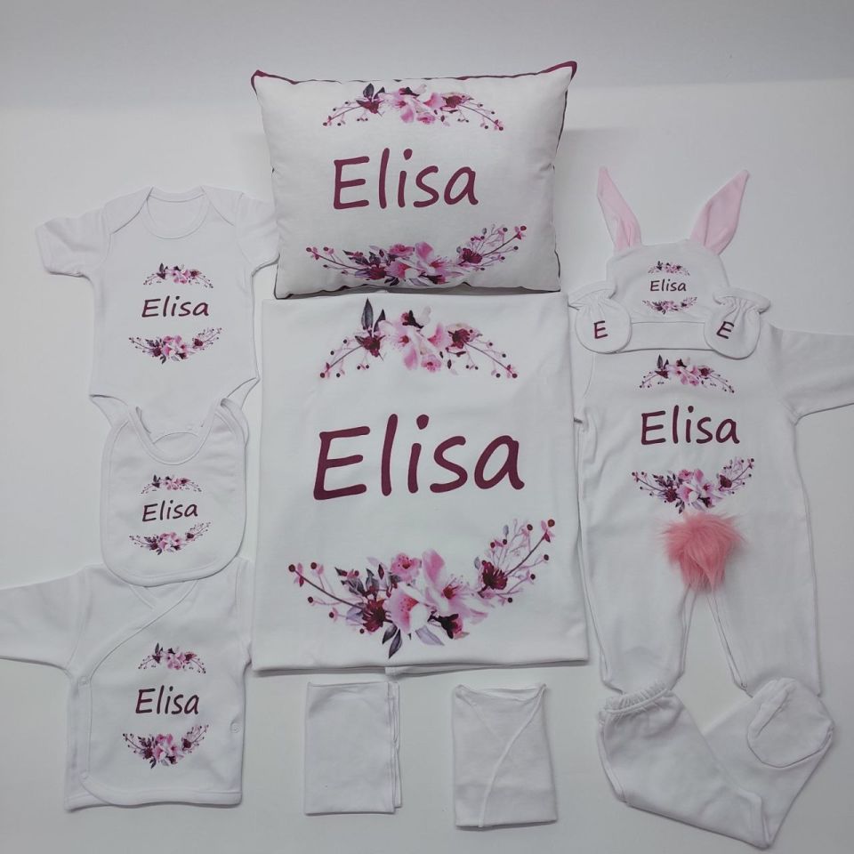 12 Parça Baskılı Pembe Çiçek Desenli Hastane Çıkış Set