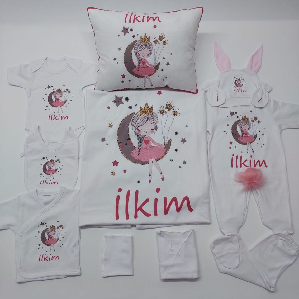 12 Parça Baskılı Pembe Desenli Hastane Çıkış Set