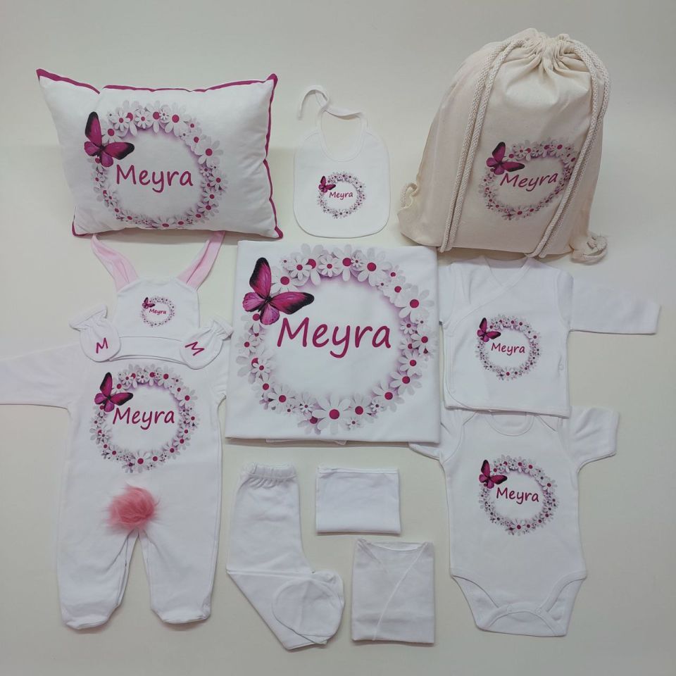 12 Parça Baskılı Pembe Kelebek Desenli Hastane Çıkış Set