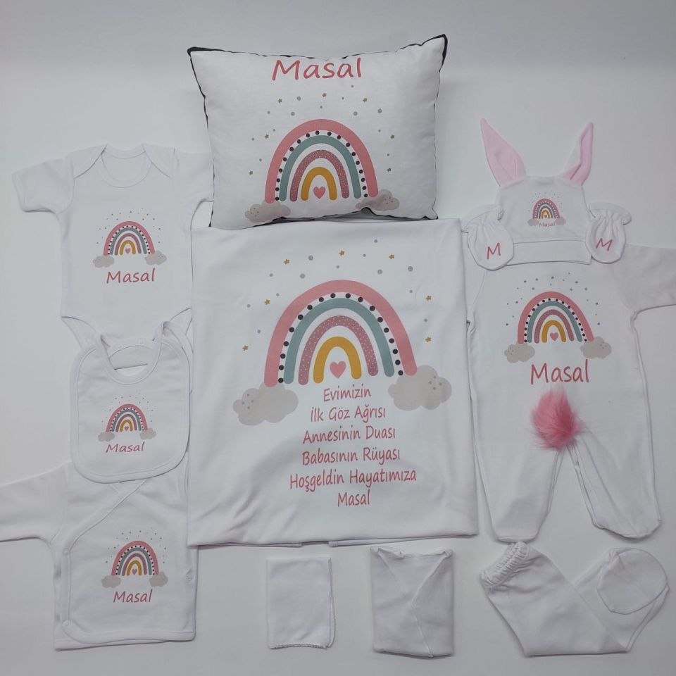 12 Parça Baskılı Gökkuşağı Desenli Hastane Çıkış Set
