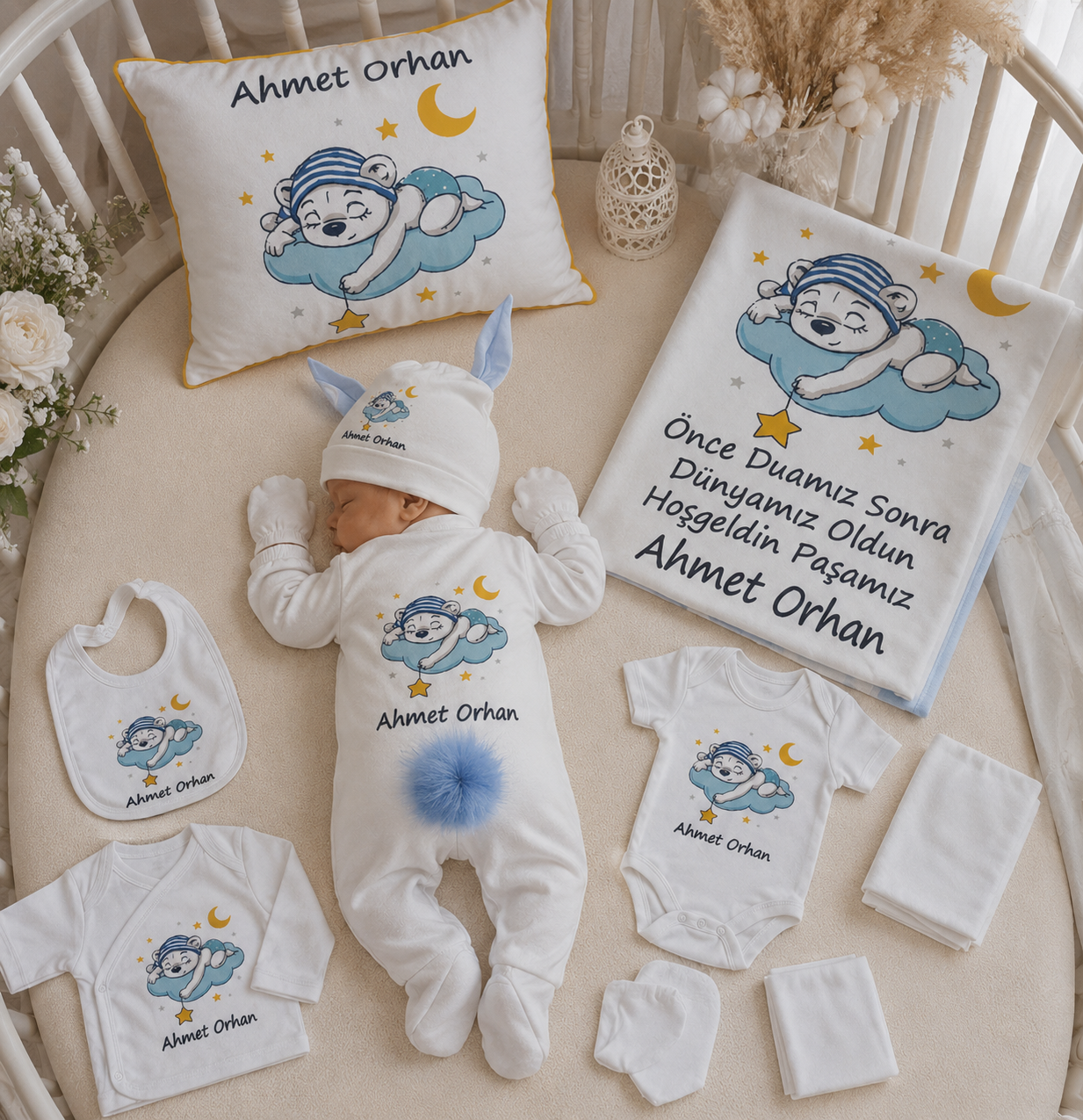 12 Parça Baskılı Uyuyan Ayıcık Desenli Hastane Çıkış Set