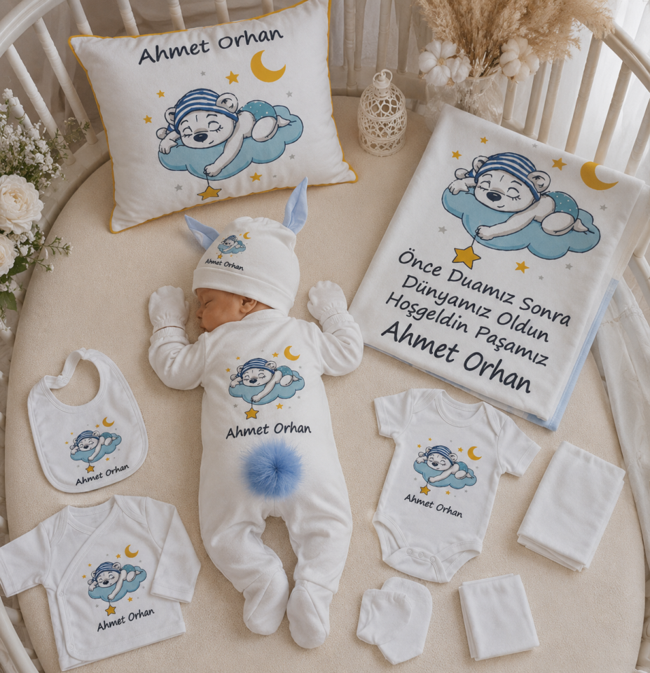 12 Parça Baskılı Uyuyan Ayıcık Desenli Hastane Çıkış Set