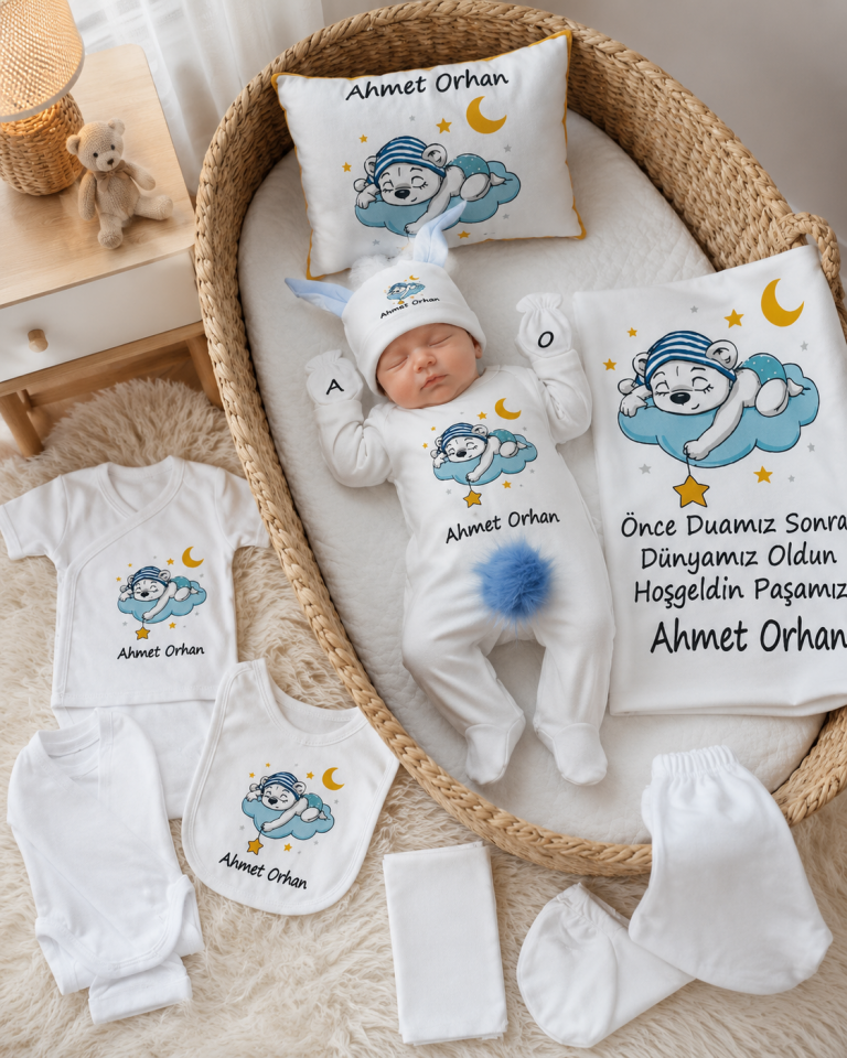 12 Parça Baskılı Uyuyan Ayıcık Desenli Hastane Çıkış Set