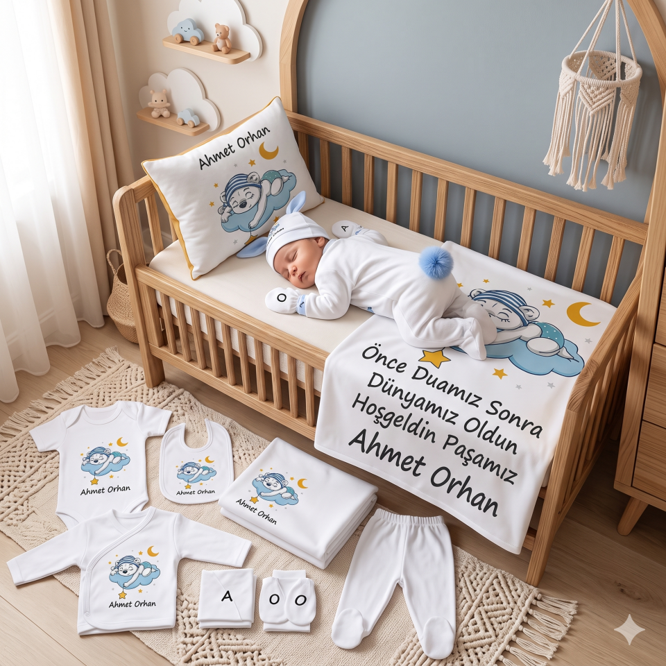 12 Parça Baskılı Uyuyan Ayıcık Desenli Hastane Çıkış Set