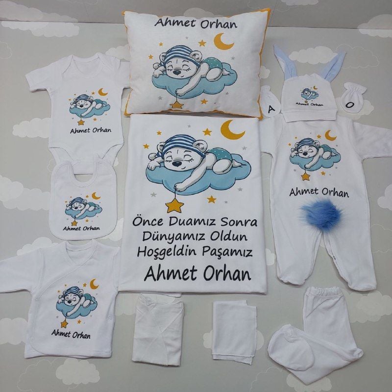 12 Parça Baskılı Uyuyan Ayıcık Desenli Hastane Çıkış Set