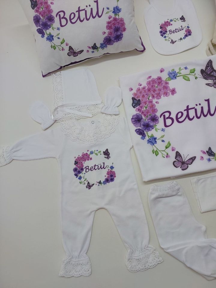 12 Parça Baskılı Mor Çiçek Desenli Hastane Çıkış Seti
