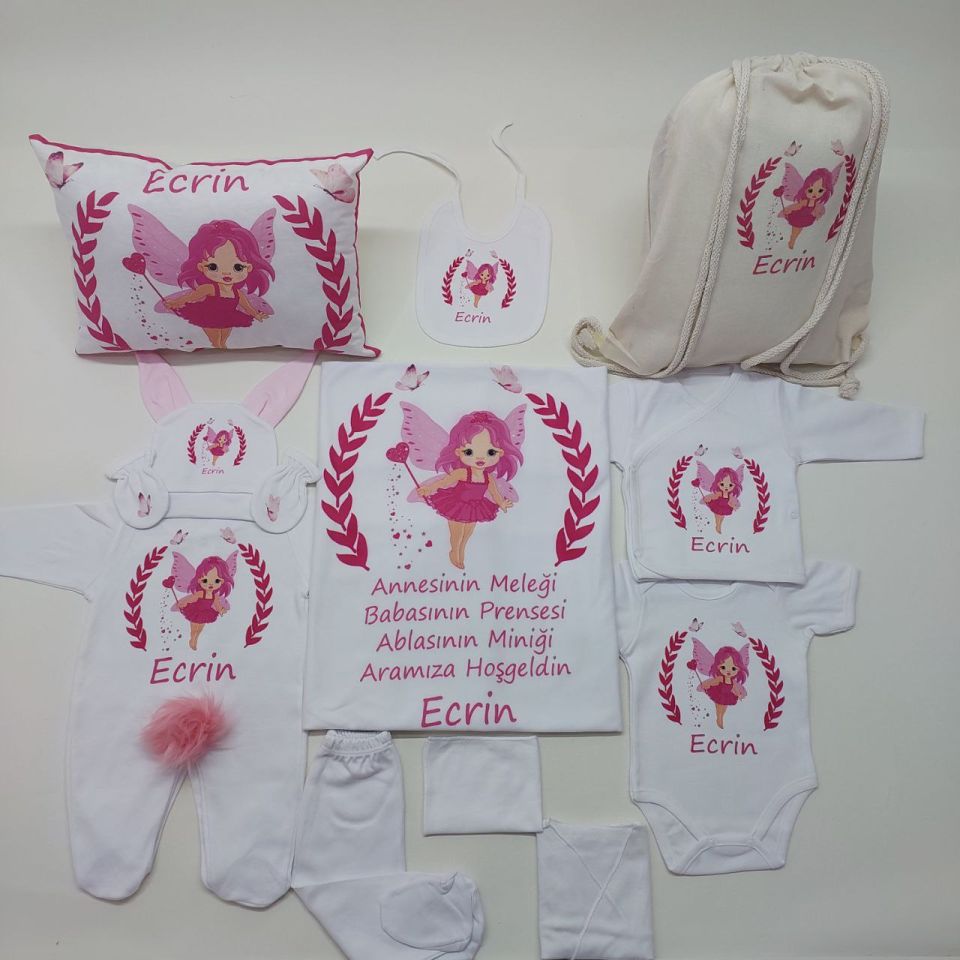 12 Parça Baskılı Pembe Melek Desenli Hastane Çıkış Seti