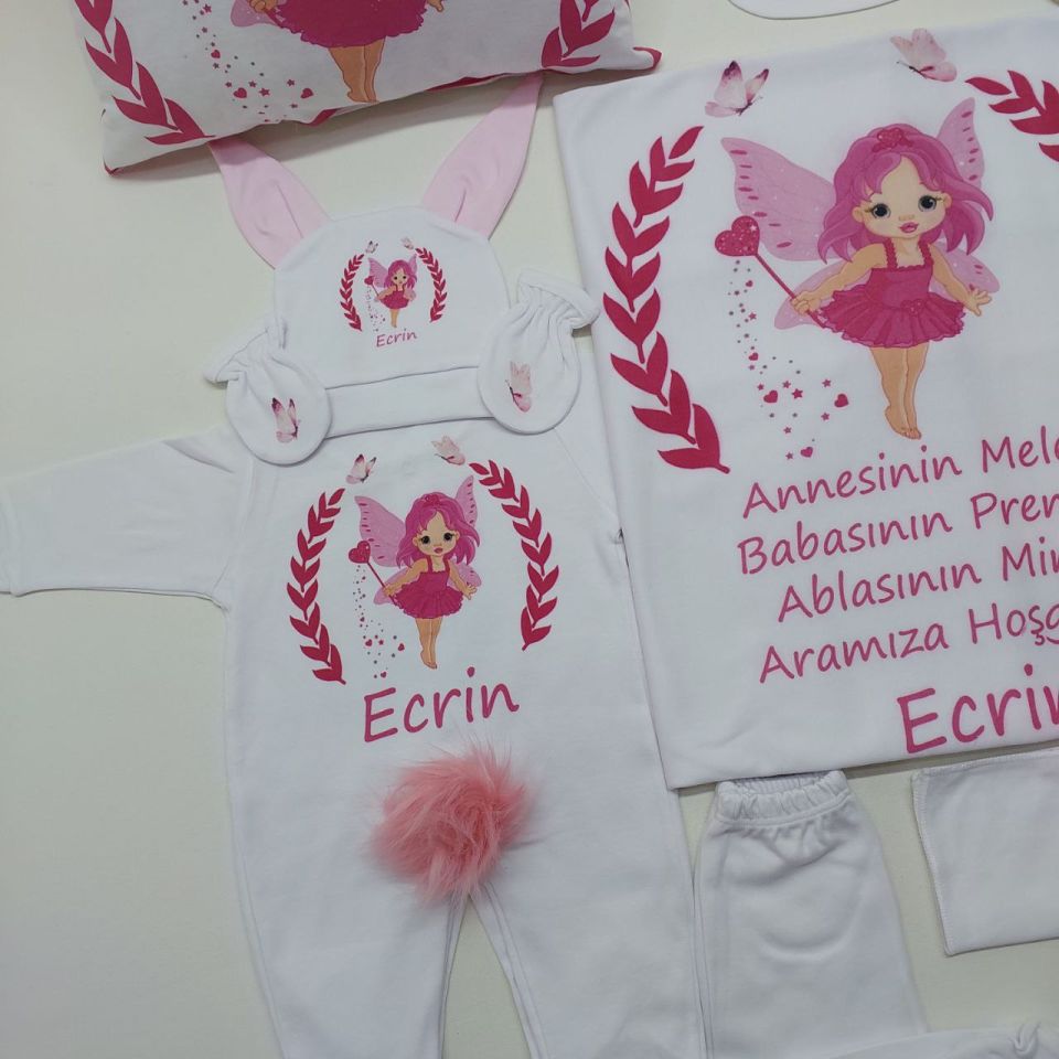 12 Parça Baskılı Pembe Melek Desenli Hastane Çıkış Seti