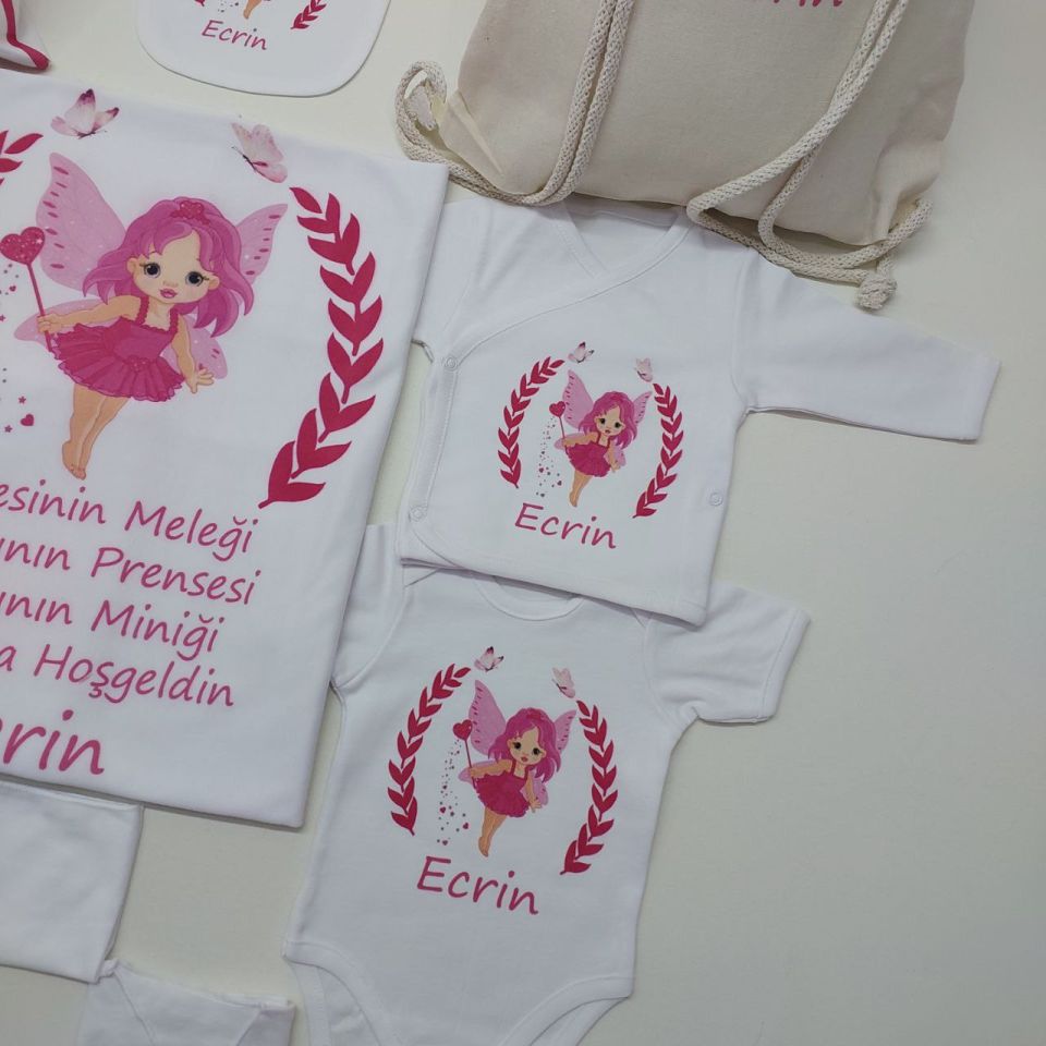 12 Parça Baskılı Pembe Melek Desenli Hastane Çıkış Seti