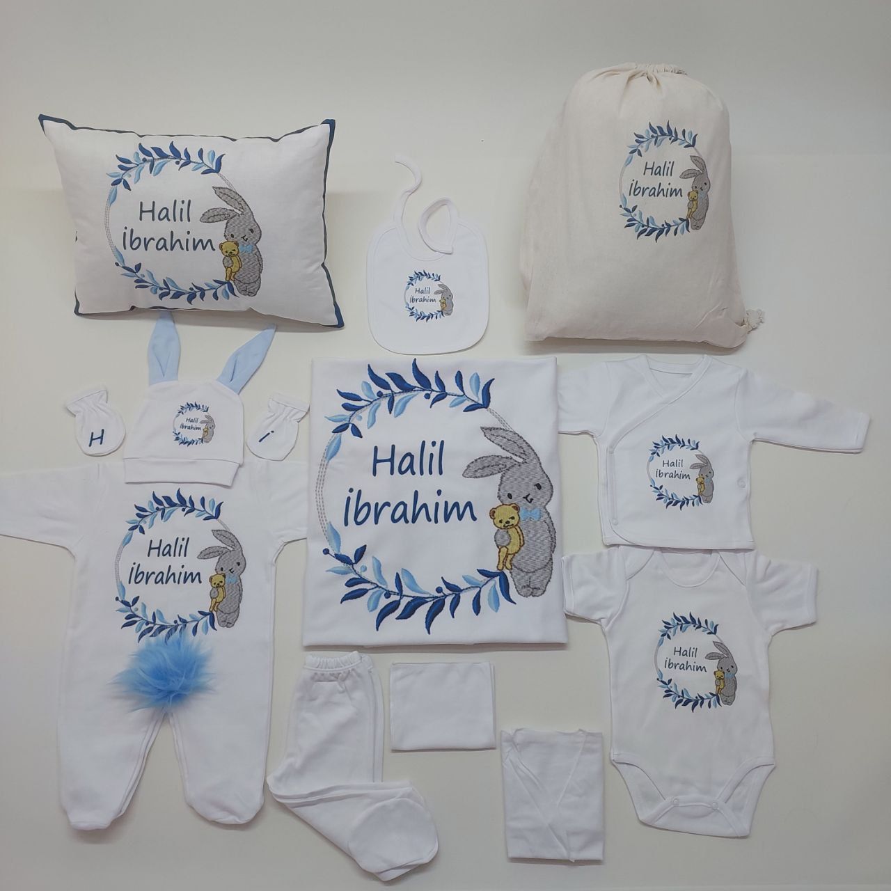 12 Parça Baskılı Mavi Tavşan Desenli Hastane Çıkış Set