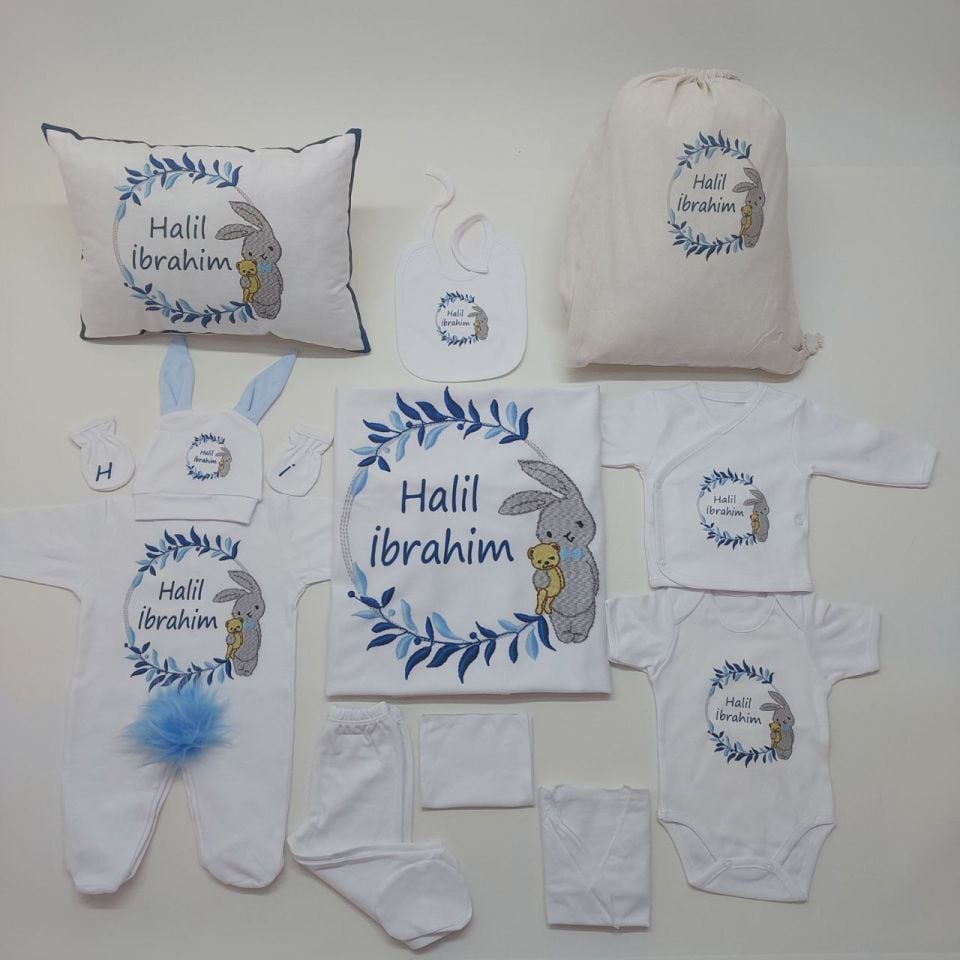 12 Parça Baskılı Mavi Tavşan Desenli Hastane Çıkış Set