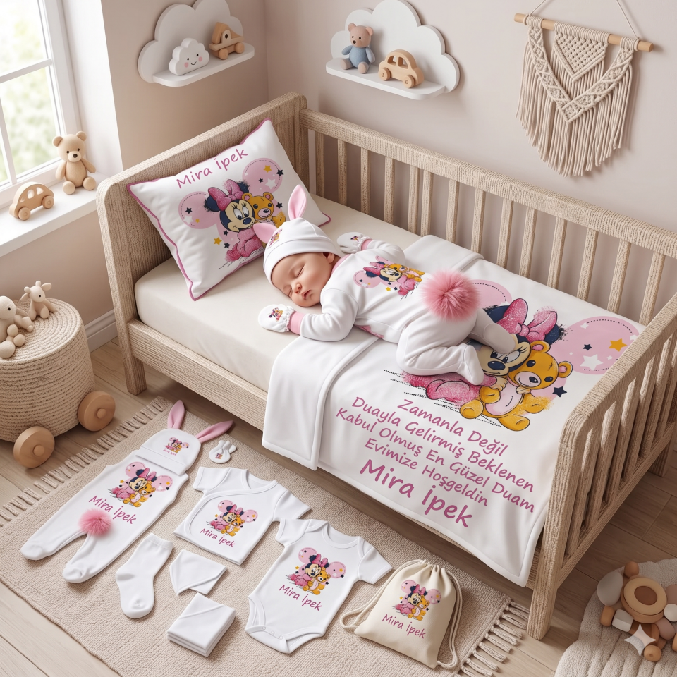 12 Parça Baskılı Minnie Mouse Desenli Hastane Çıkış Set