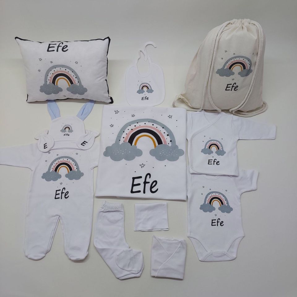 12 Parça Baskılı Mavi Gökkuşağı Desenli Hastane Çıkış Set