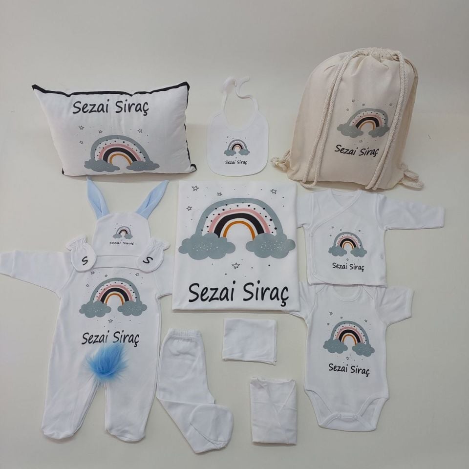 12 Parça Baskılı Mavi Gökkuşağı Desenli Hastane Çıkış Set