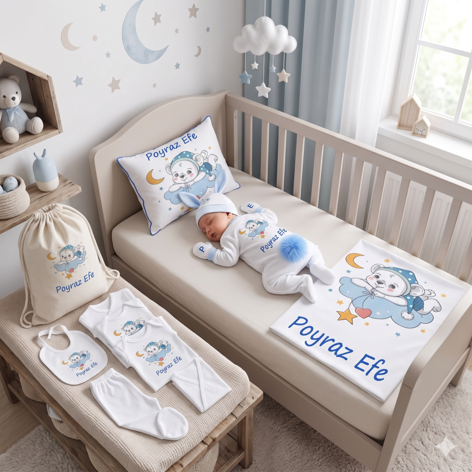 12 Parça Baskılı Mavi Ayıcık Desenli Hastane Çıkış Set