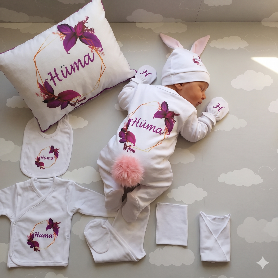 12 Parça Baskılı Mor Yaprak Desenli Hastane Çıkış Set