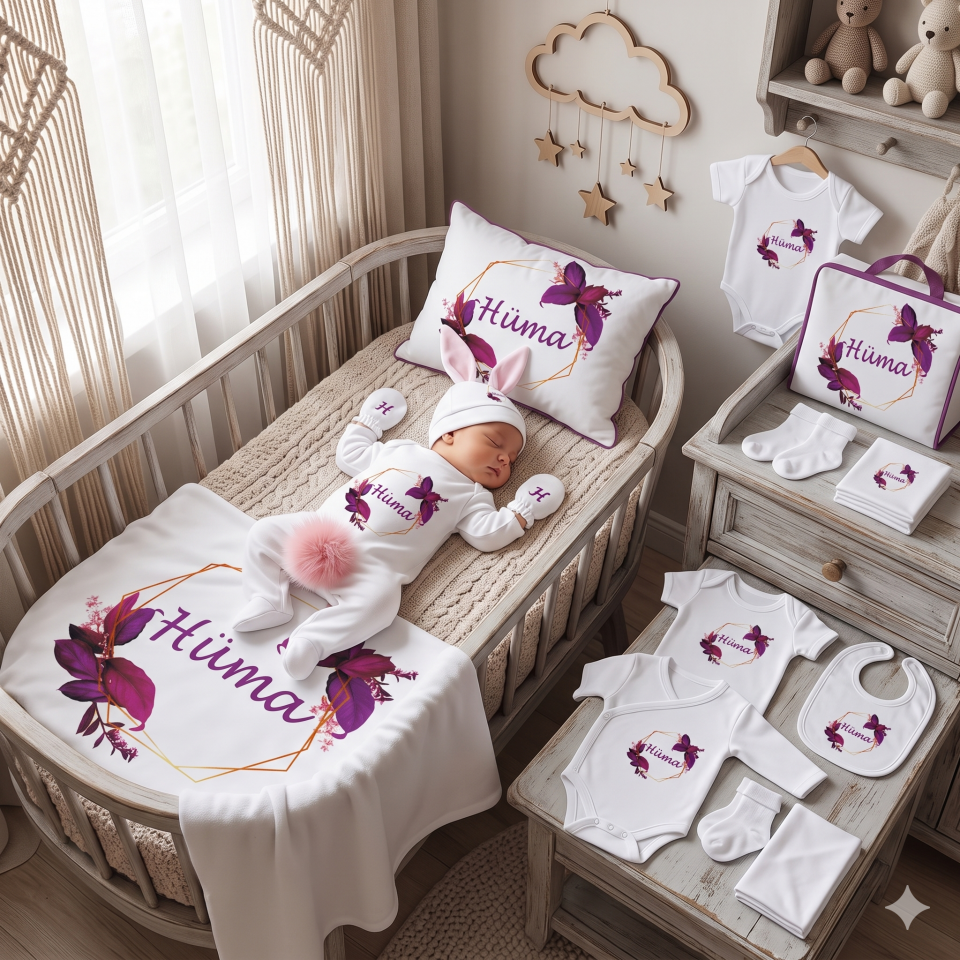 12 Parça Baskılı Mor Yaprak Desenli Hastane Çıkış Set