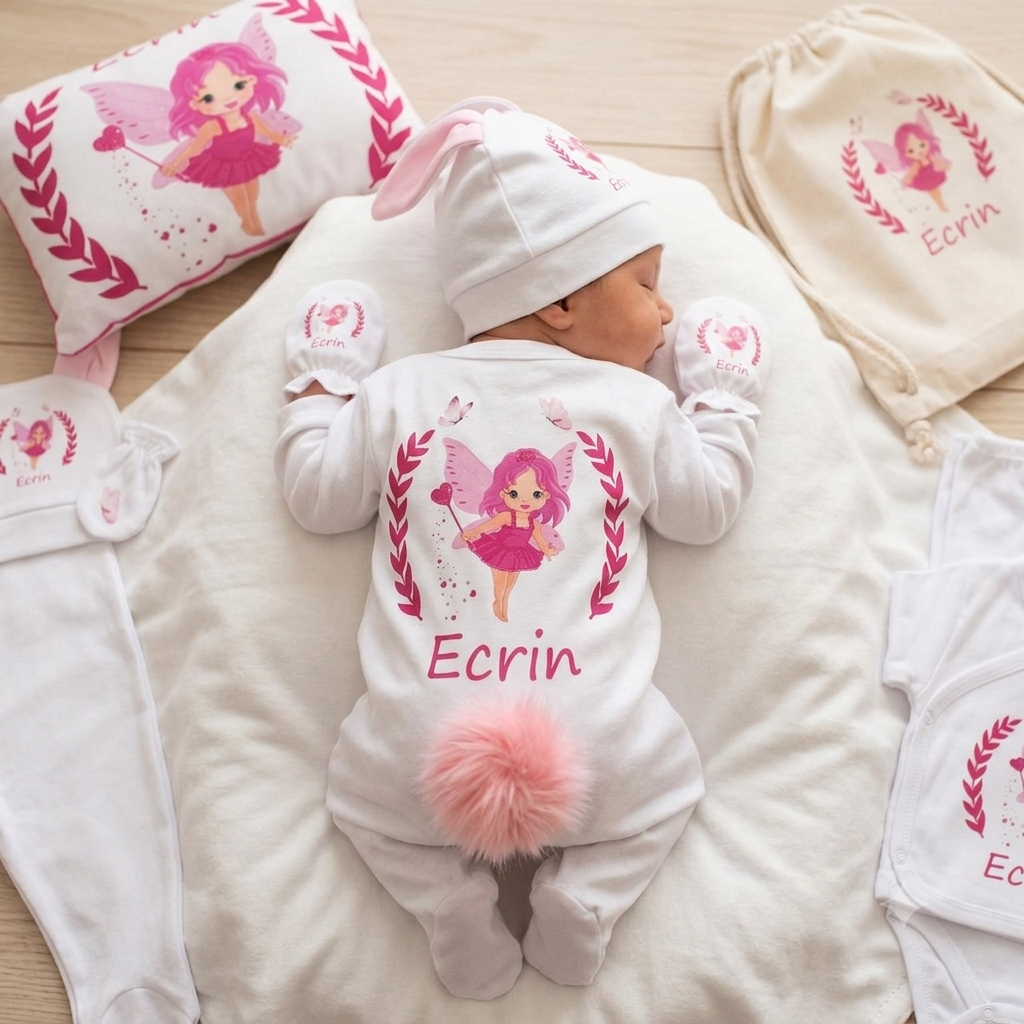 12 Parça Baskılı Pembe Melek Desenli Hastane Çıkış Set