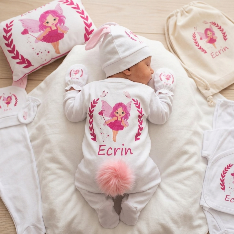 12 Parça Baskılı Pembe Melek Desenli Hastane Çıkış Set
