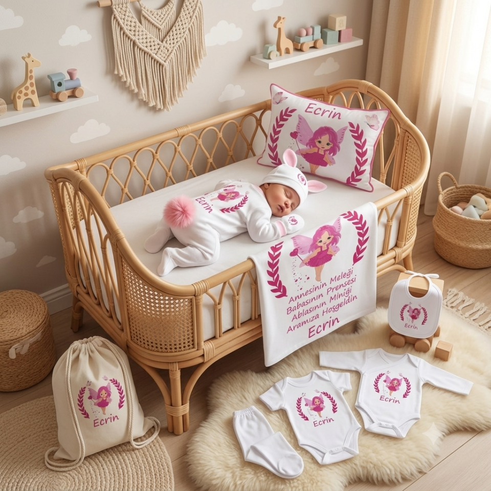 12 Parça Baskılı Pembe Melek Desenli Hastane Çıkış Set