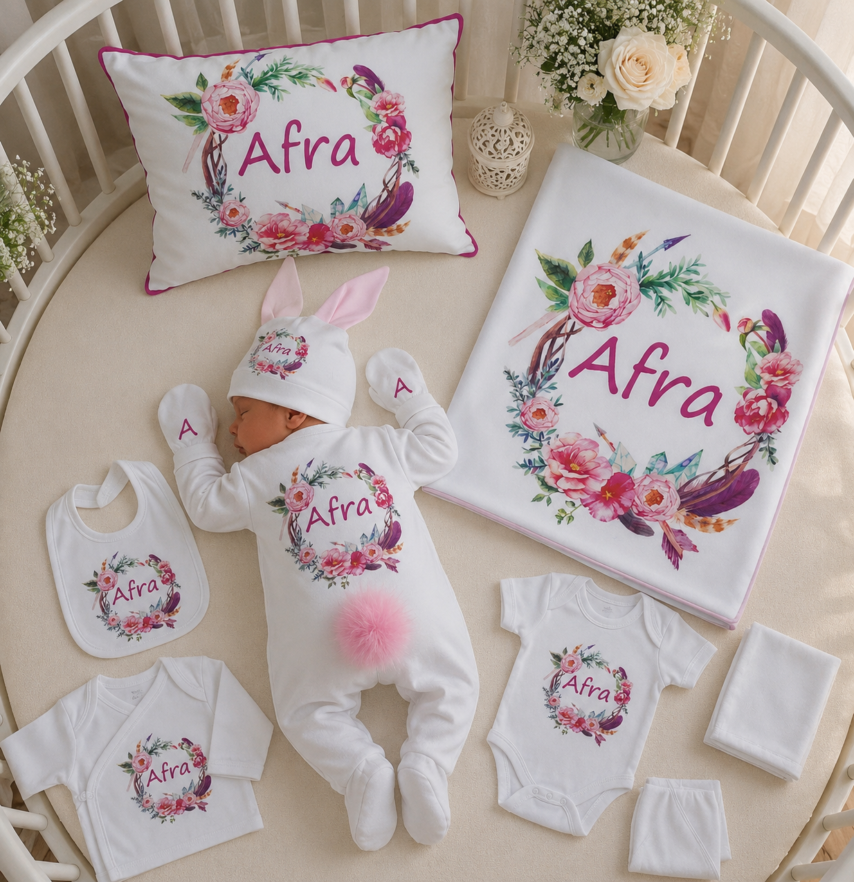 12 Parça Baskılı Pembe Çiçek Desenli Hastane Çıkış Set