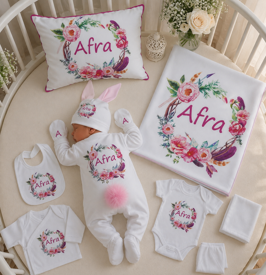 12 Parça Baskılı Pembe Çiçek Desenli Hastane Çıkış Set