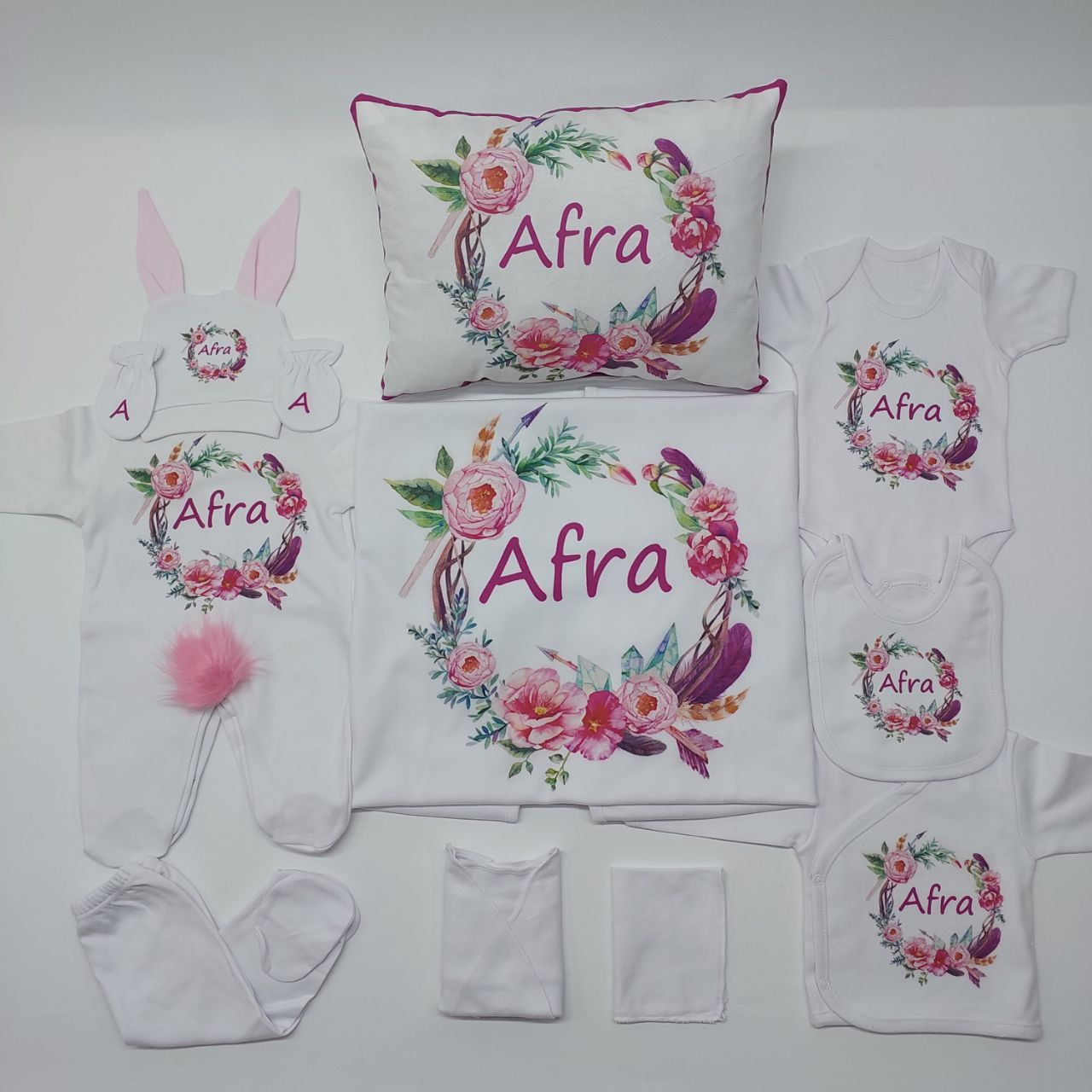 12 Parça Baskılı Pembe Çiçek Desenli Hastane Çıkış Set