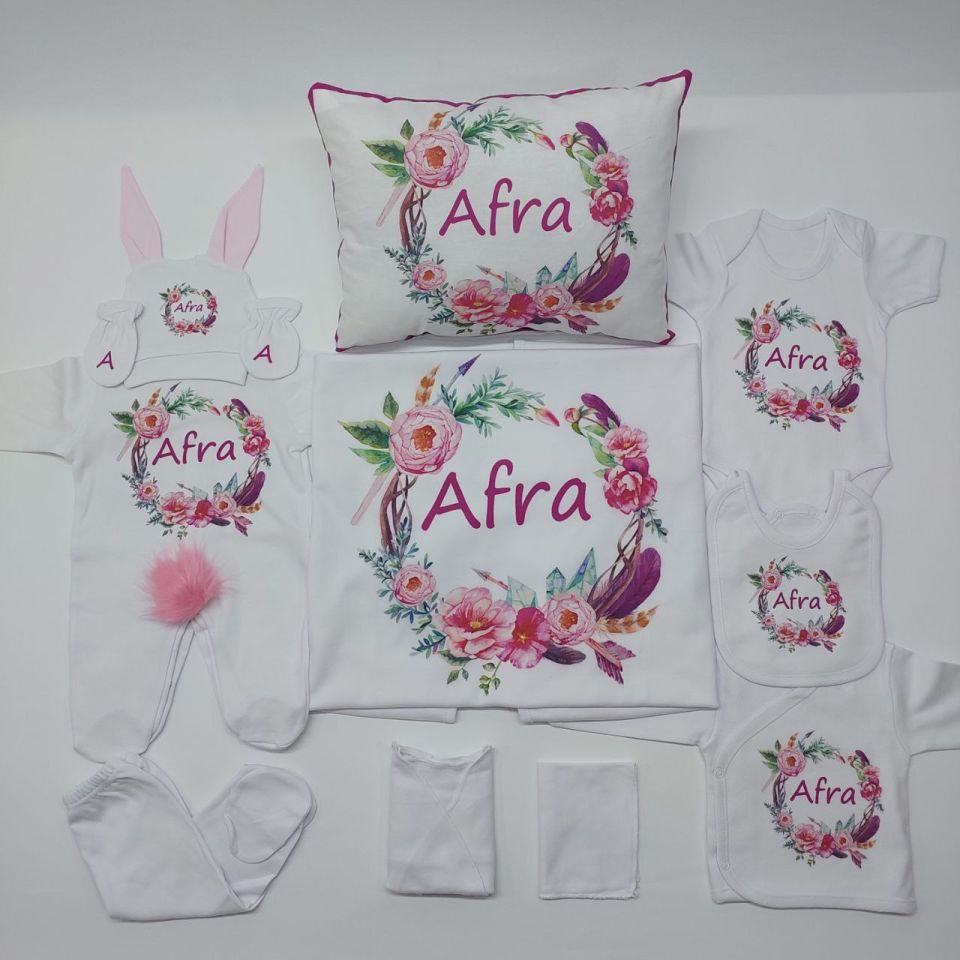 12 Parça Baskılı Pembe Çiçek Desenli Hastane Çıkış Set