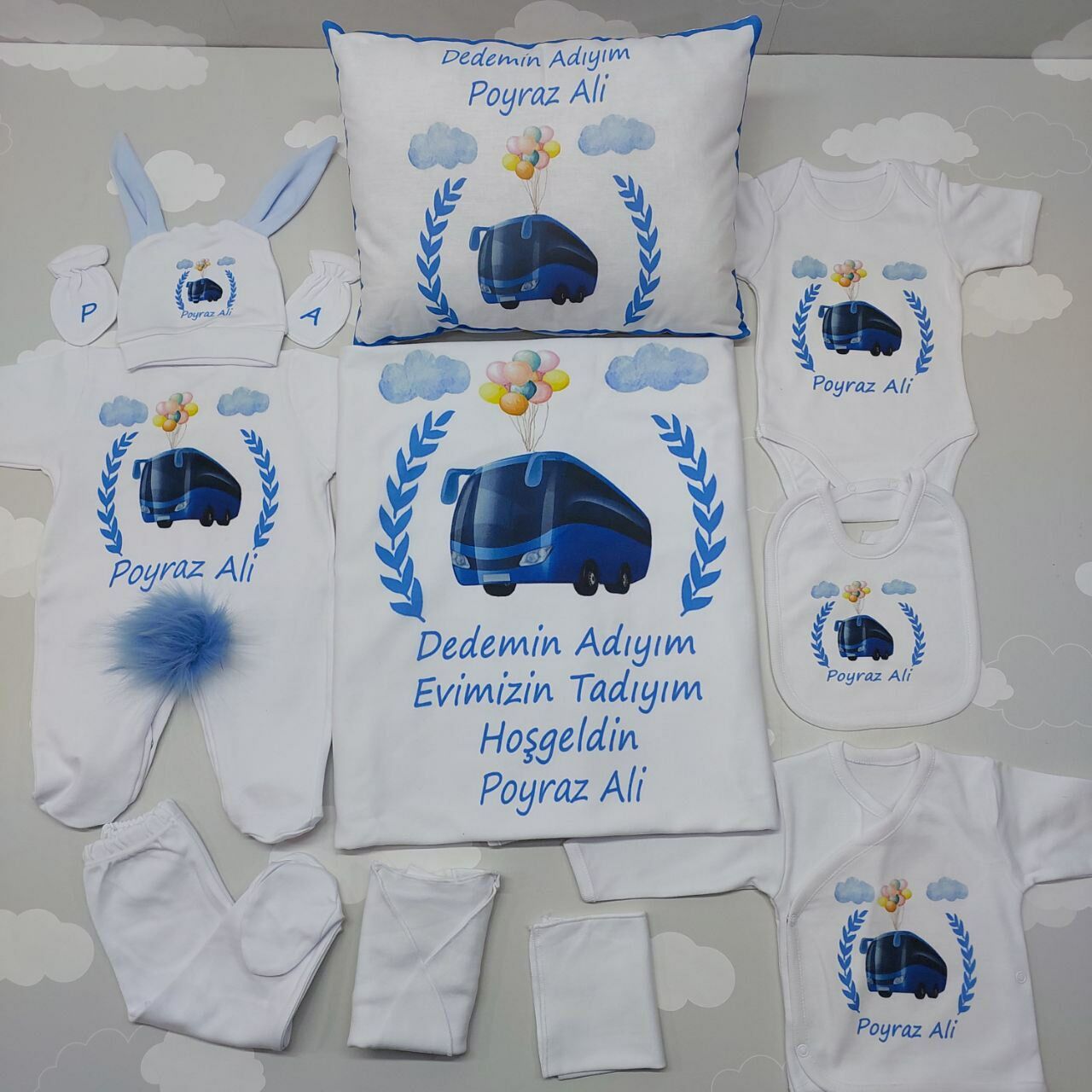12 Parça Baskılı Mavi Otobüs Desenli Hastane Çıkış Set