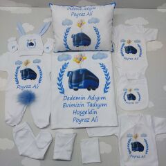 12 Parça Baskılı Mavi Otobüs Desenli Hastane Çıkış Set