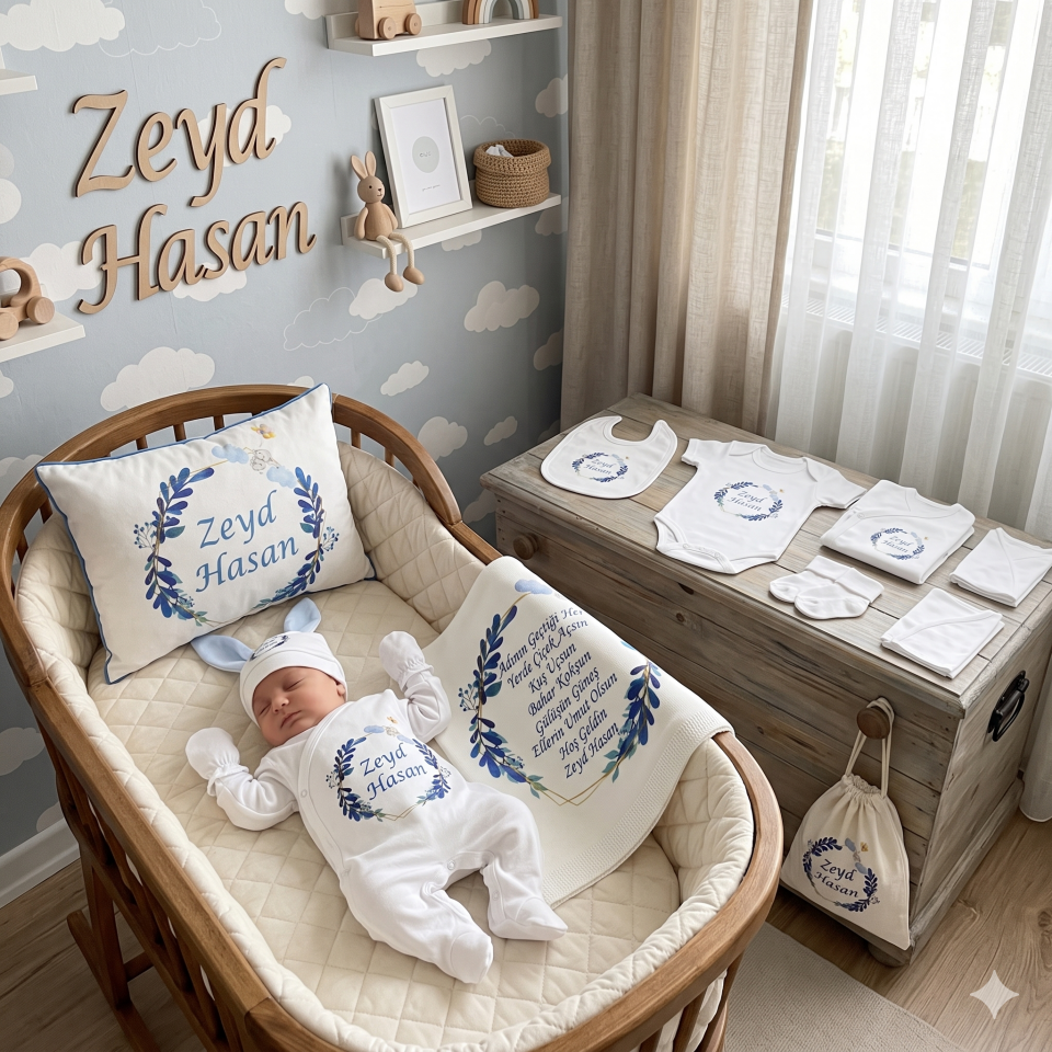 12 Parça Baskılı Mavi Desenli Hastane Çıkış Set