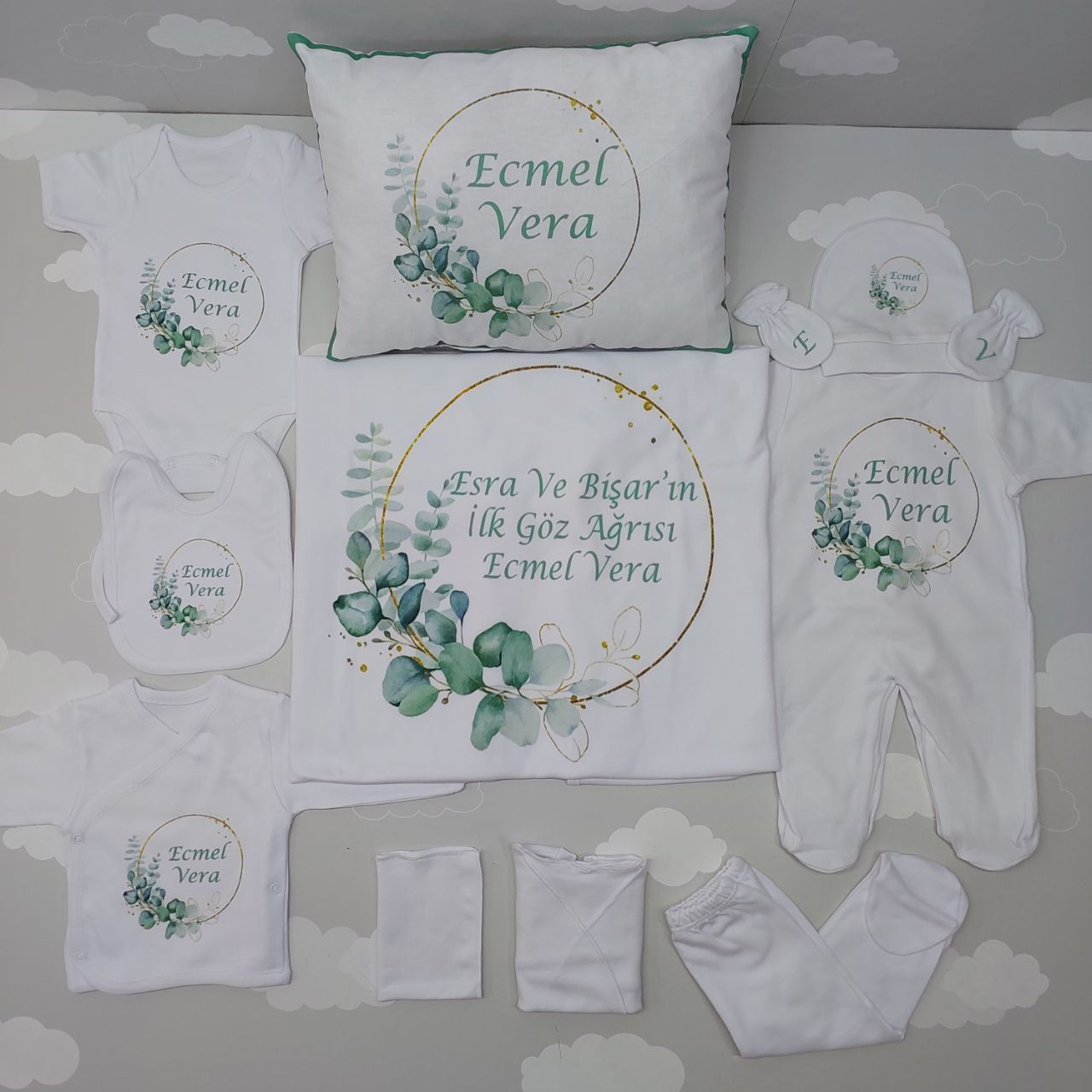 12 Parça Baskılı Yeşil Desenli Hastane Çıkış Set