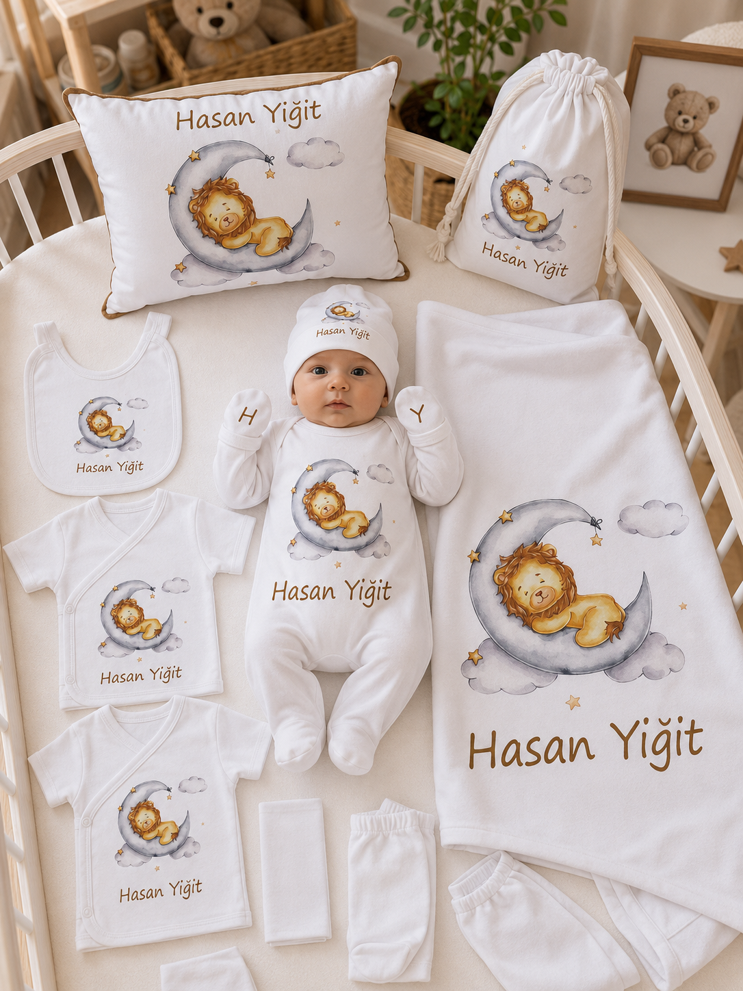 12 Parça Baskılı Aslan Desenli Hastane Çıkış Set
