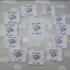 12 Aylık Mavi Desenli Zıbın Seti