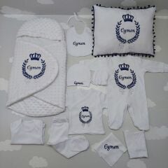 Kundaklı Nakışlı Beyaz Lacivert Tam Set