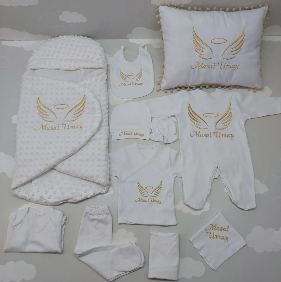 Kundaklı Nakışlı Beyaz Gold Tam Set