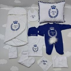 Kundaklı Nakışlı Beyaz Lacivert Tam Set