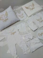 Beyaz Gold Nakışlı Dantelli Tulumlu Hastane Çıkış Seti