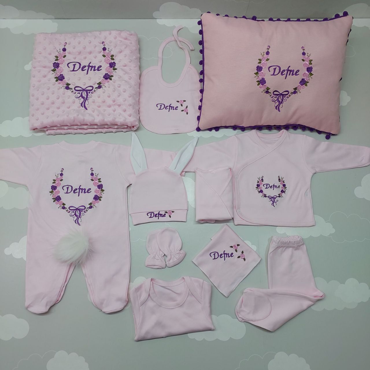 Nakışlı Pembe Mor Hastane Çıkış Seti Yastıklı Tam Set