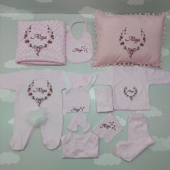Nakışlı Pembe Hastane Çıkış Seti Yastıklı Tam Set