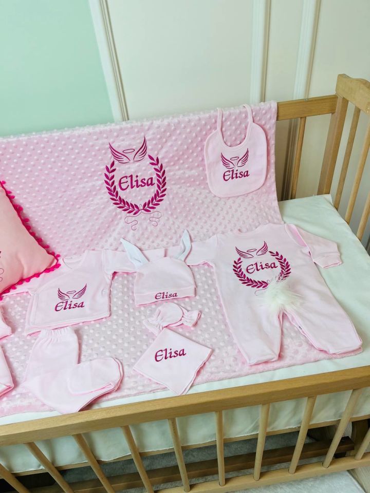 Nakışlı Pembe Hastane Çıkış Seti Yastıklı Tam Set