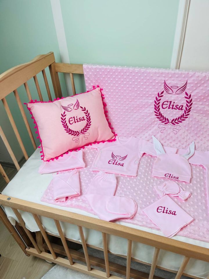 Nakışlı Pembe Hastane Çıkış Seti Yastıklı Tam Set