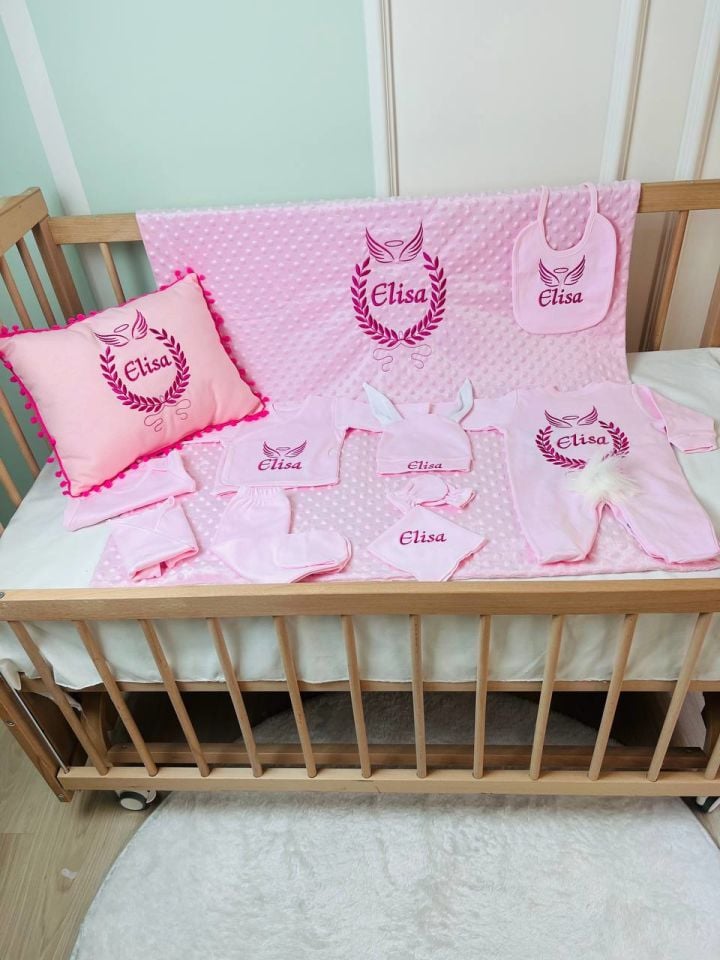 Nakışlı Pembe Hastane Çıkış Seti Yastıklı Tam Set