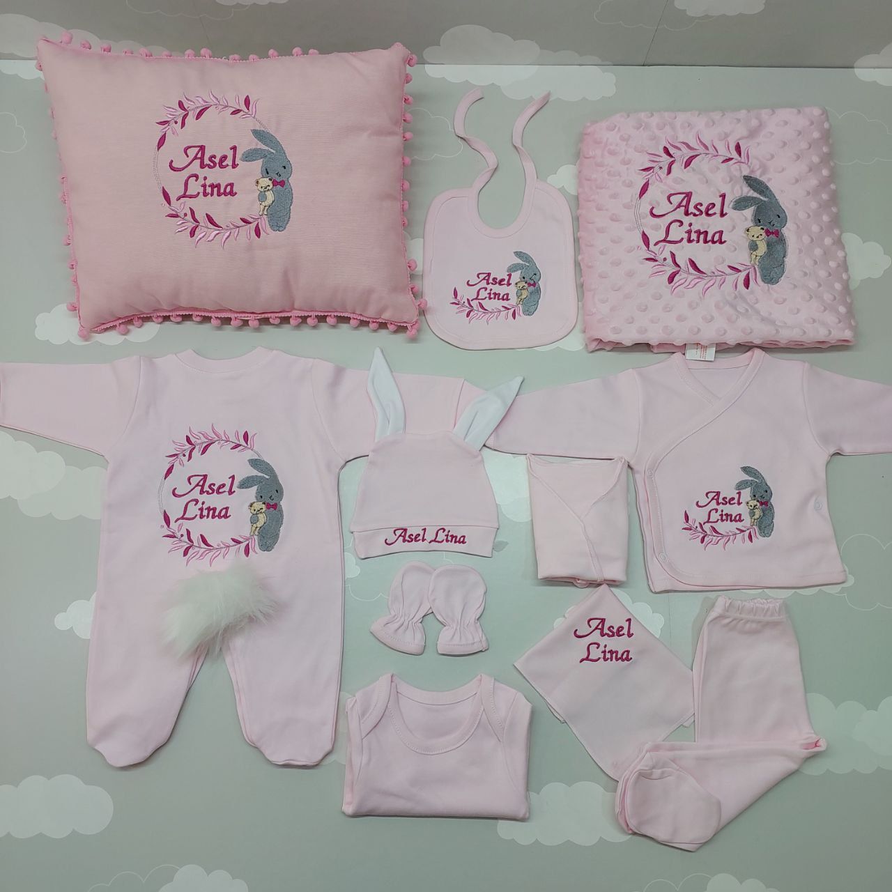 Nakışlı Pembe Hastane Çıkış Seti Yastıklı Tam Set