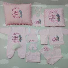 Nakışlı Pembe Hastane Çıkış Seti Yastıklı Tam Set