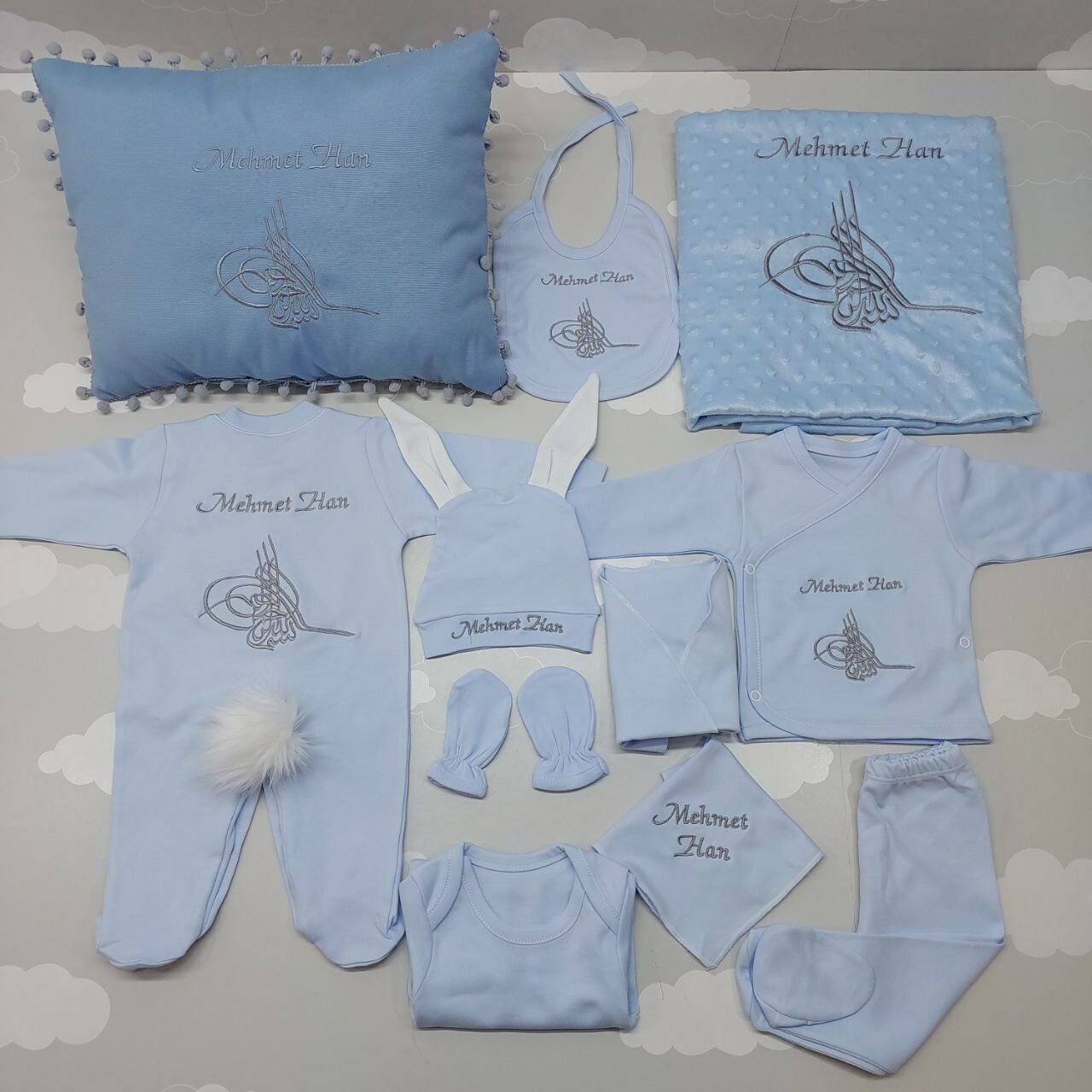 Nakışlı Mavi Gri Hastane Çıkış Seti Yastıklı Tam Set