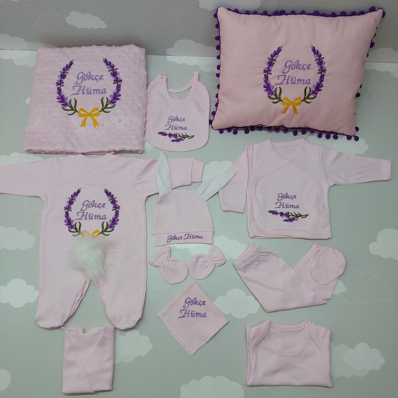 Nakışlı Pembe Mor Hastane Çıkış Seti Yastıklı Tam Set