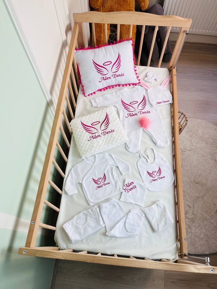 Nakışlı Beyaz Pembe Hastane Çıkış Seti Yastıklı Tam Set