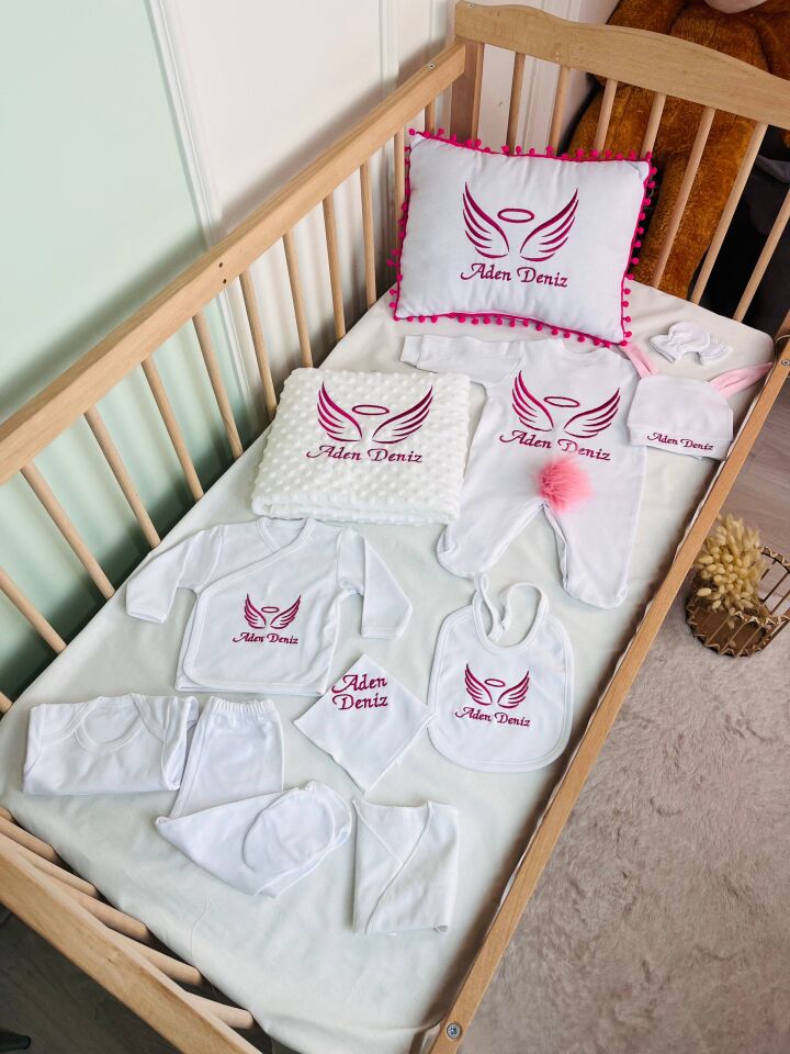 Nakışlı Beyaz Pembe Hastane Çıkış Seti Yastıklı Tam Set