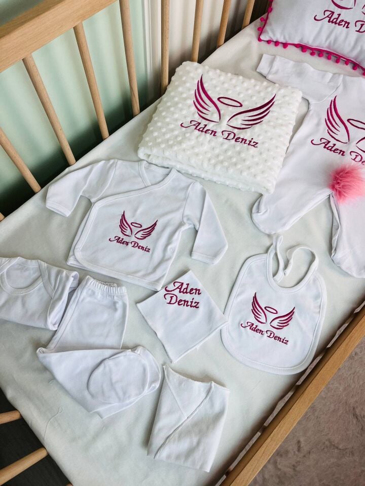 Nakışlı Beyaz Pembe Hastane Çıkış Seti Yastıklı Tam Set